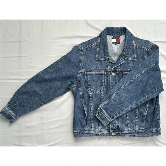 RARE VTG Y2K Tommy Hilfiger Mens Trucker Denim Jacket Button Logo Point Collar M - Picture 4 of 8